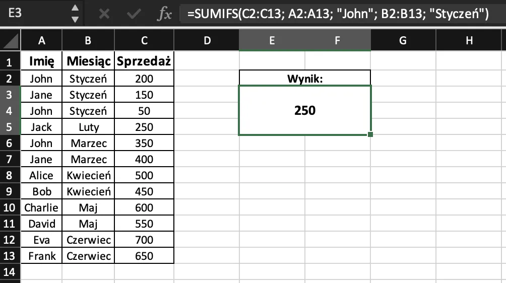 Przykład użycia funkcji SUMIFS w excelu