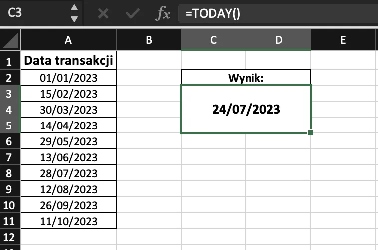 Przykład użycia funkcji TODAY w excelu