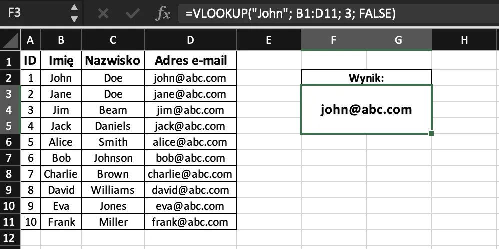 Przykład użycia funkcji VLOOKUP w excelu