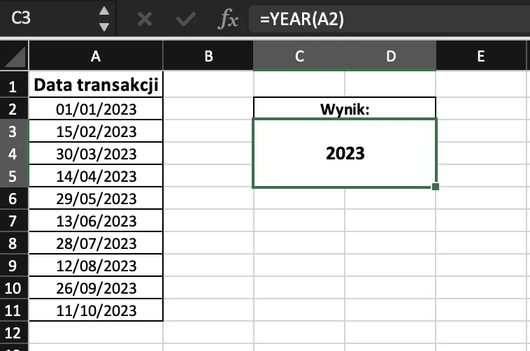 Przykład użycia funkcji YEAR w excelu