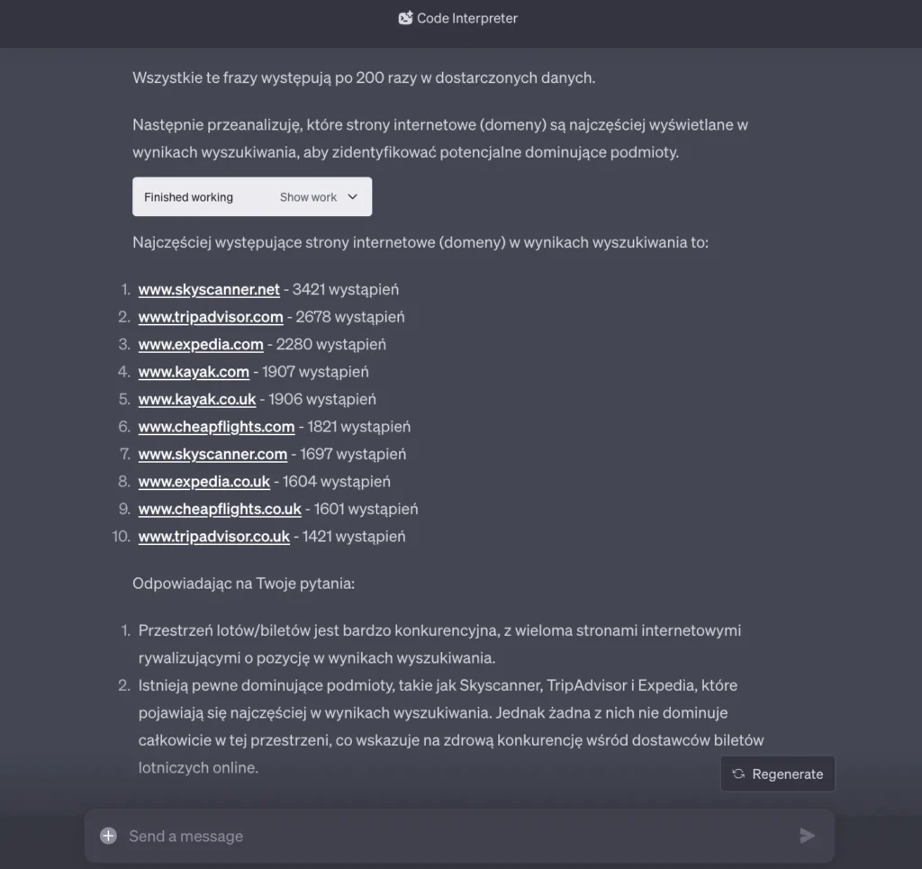 Przykładowa odpowiedź od Code Interpretera na temat lotów